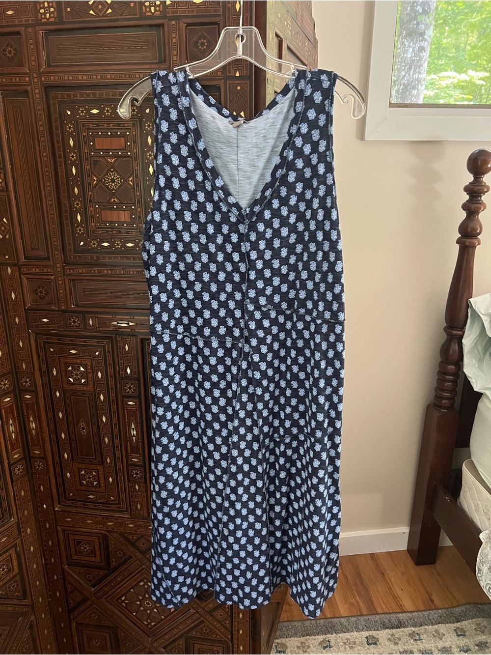 J. Jill Navy Blue Midi Dress with Light Blue Floral Print